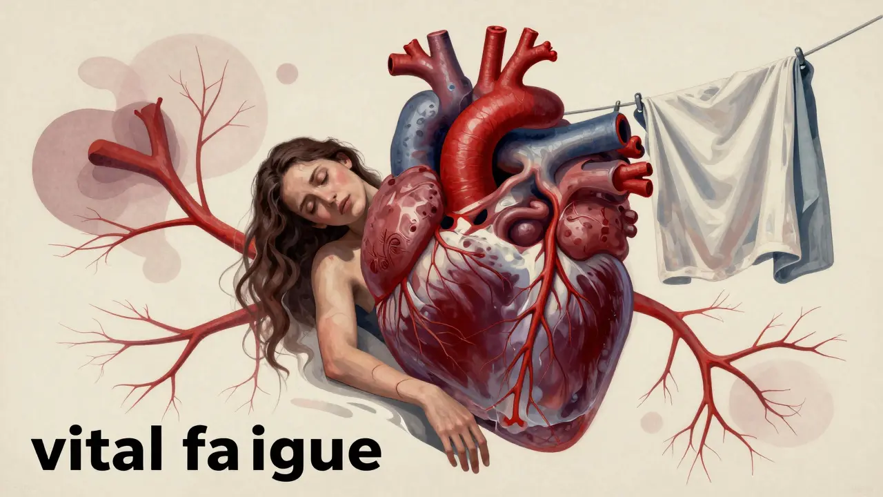 Conceptual art depicting a woman experiencing extreme vital fatigue and microvascular heart issues.