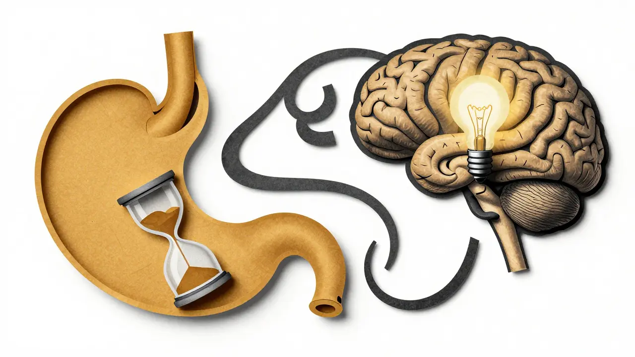 Conceptual art showing a stylized stomach as an hourglass and a dimming brain lightbulb.
