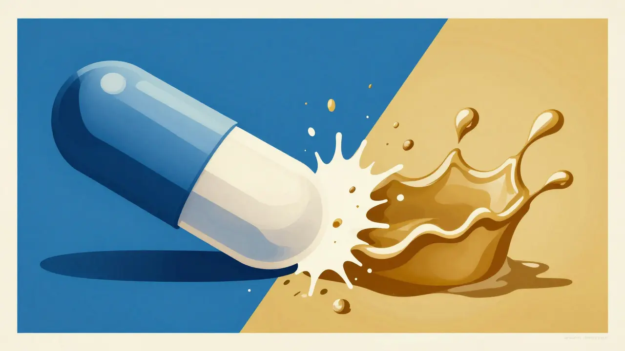 Conceptual illustration of a pharmaceutical pill colliding with a splash of kombucha.