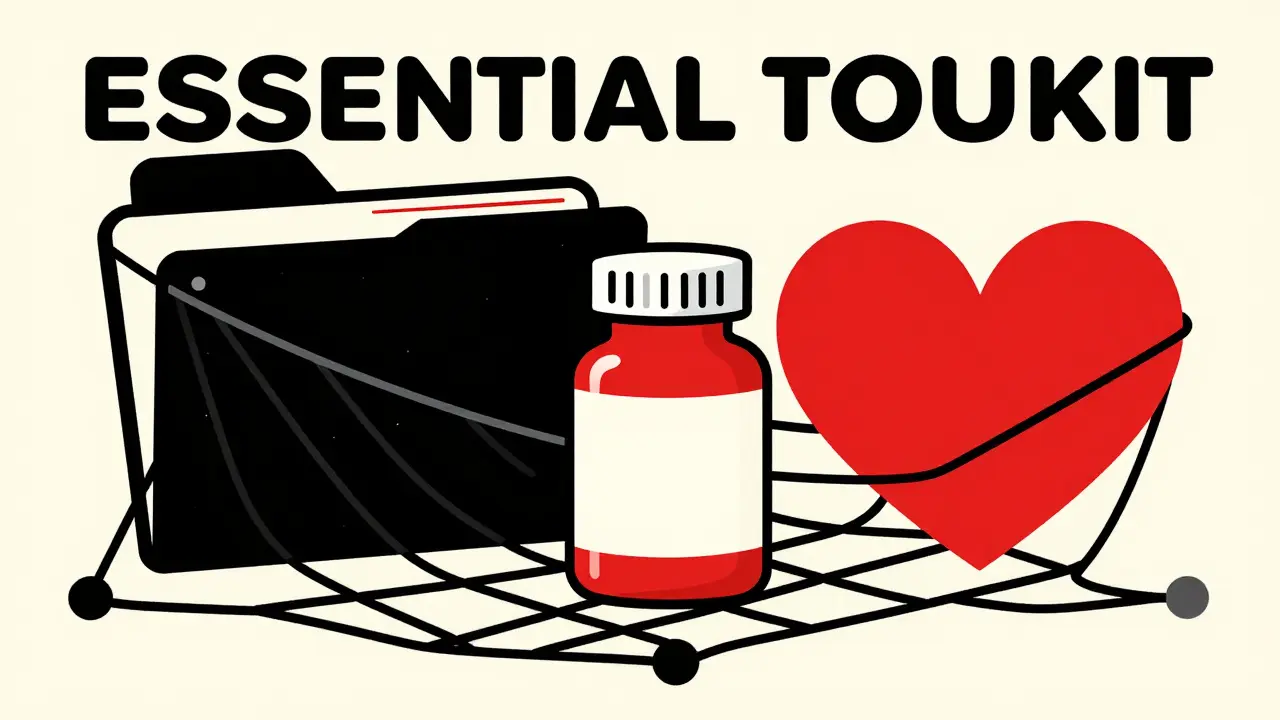 Graphic composition of a medical folder and pill bottle symbolizing healthcare preparation.