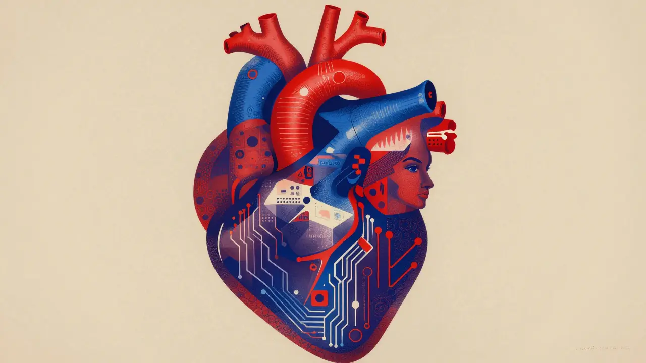 Graphic illustration of a female heart combined with digital elements and a confident woman's profile.