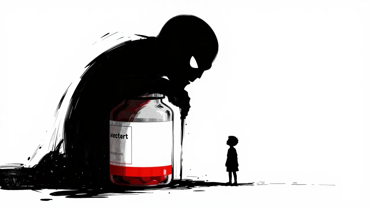 Minimalist conceptual art showing a large shadow of a medicine bottle looming over a small child silhouette.