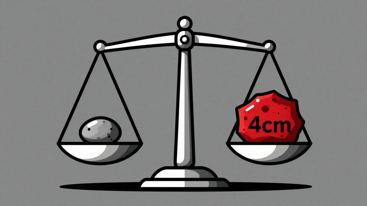 Stylized balance scale comparing a small smooth stone with a large jagged red mass.