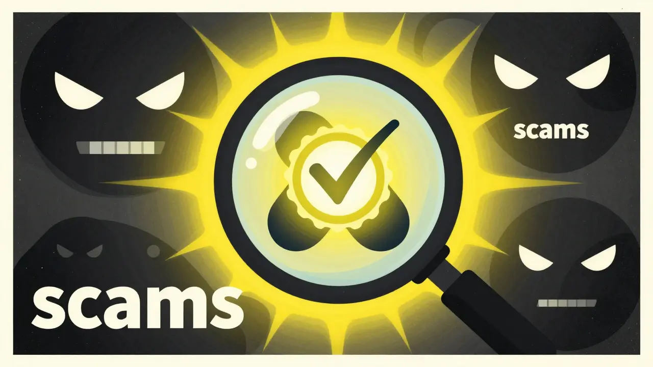 Stylized magnifying glass inspecting a pill for authenticity in a bold Polish poster art style.