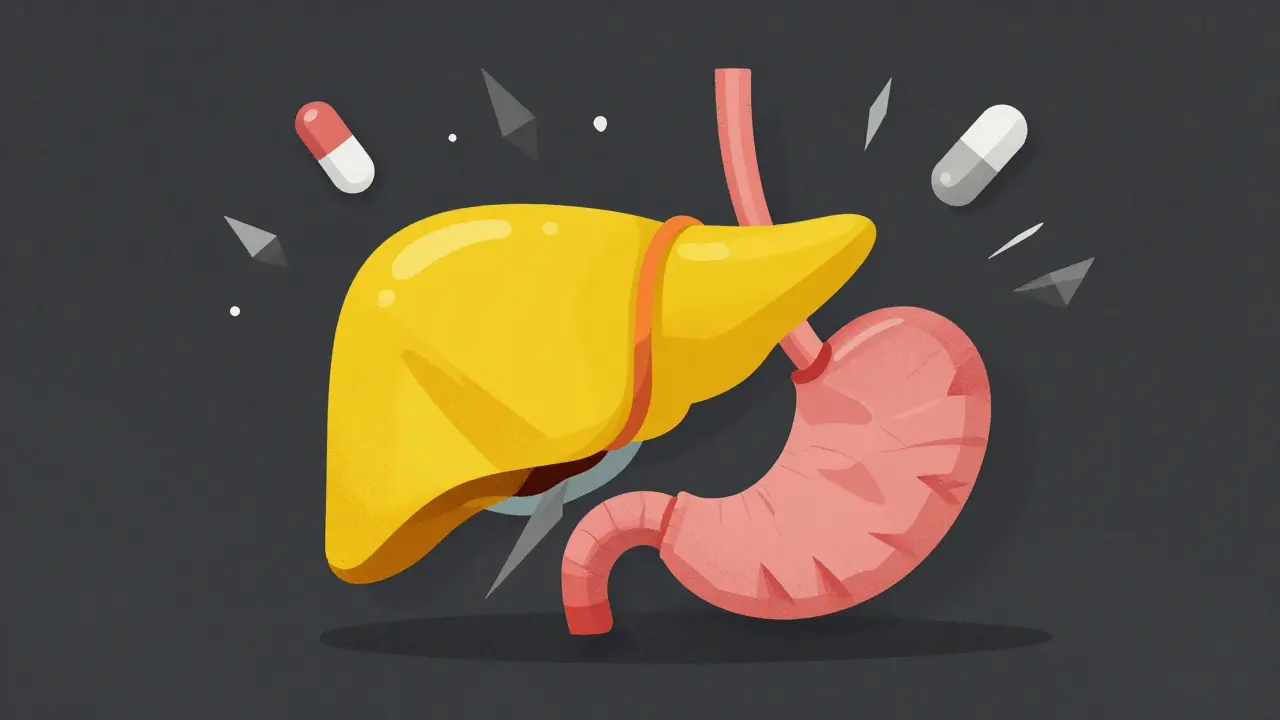 Surreal illustration of a liver and stomach highlighting medical risks in a graphic style.